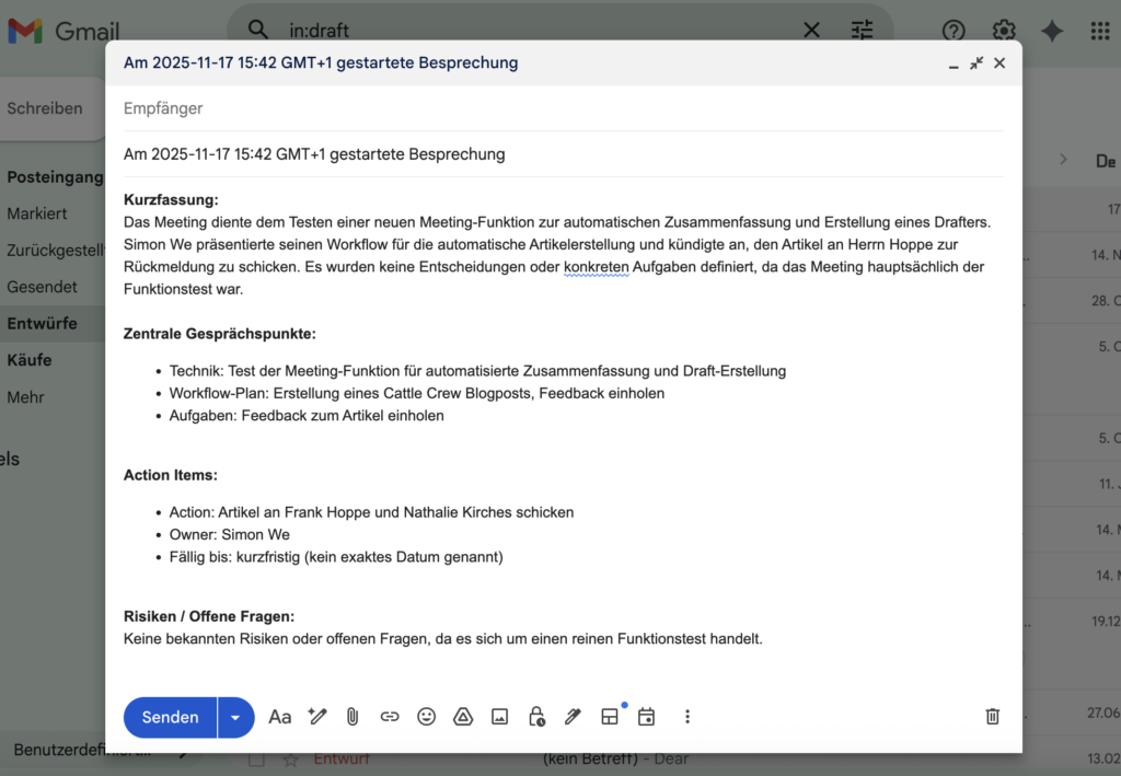Abbildung 4: Automatisch erstellter E-Mail Entwurf