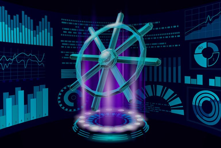 Stuerrad als Symbol für Kubernetes, vor einer Monitoringwand, die Security symbolisieren soll