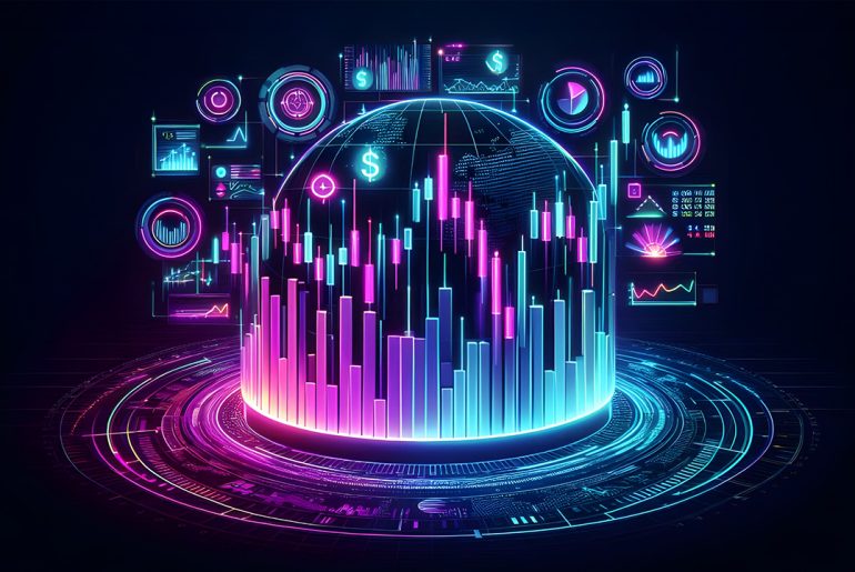 Eine rotierende Weltkugel mit Charts und Dashboards als Symbol für Monitoring und Überwachung